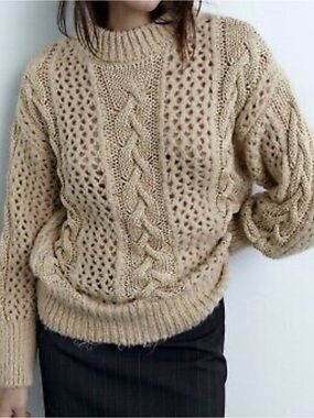 Zara Open-Knit Cable Turtleneck Sweater - Beige